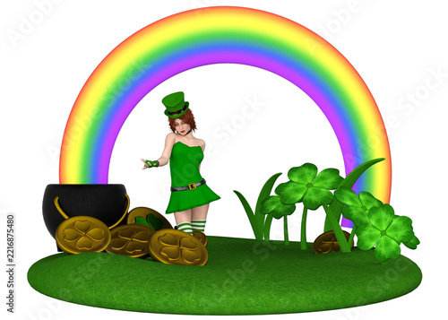 A fantasy leprechaun woman in a green costume dances beside a pot of gold coins with a colorful rainbow and shamrocks for a holiday theme. 3D Illustration