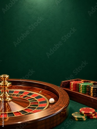 Roulette Ball and Gold Edged Chips on a Wooden Tray Against Dark Green