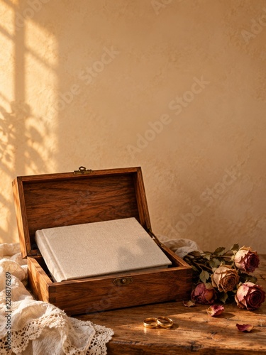 Wooden Keepsake Box with a Linen Album and Dried Roses on an Elegant Celebrat...