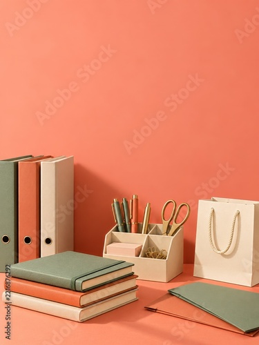 Office Binders and Notebooks with Desk Supplies on a Coral Background