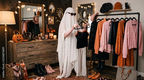Stylish ghost in sunglasses choosing a black top beside a clothing rack in a cozy room decorated for Halloween. Halloween party preparation