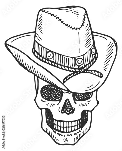 A skull with a cowboy hat on top