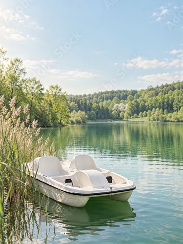 White pedal boat among reeds on a green lake beneath clear blue sky