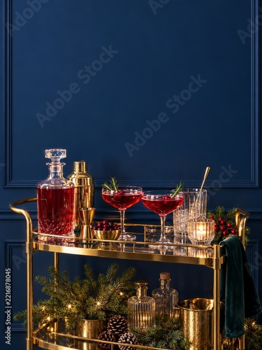 Brass Christmas Trolley with Red Berry Drinks and Fir Against Navy