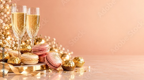 Pink macarons and foil bonbons with champagne on a gold edged tray