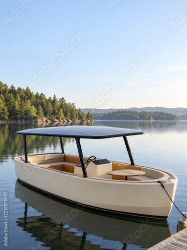 Cream electric leisure boat with solar canopy on a still tree lined lake