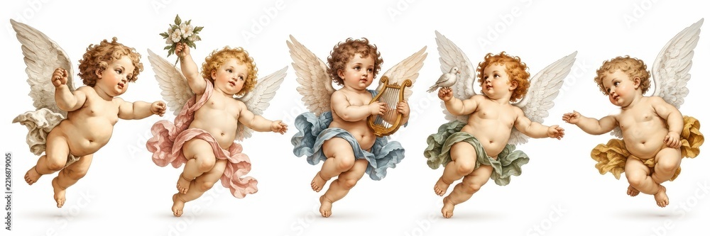 Fototapeta premium Vintage cherubs flying with flowers, harp, wings, and clouds