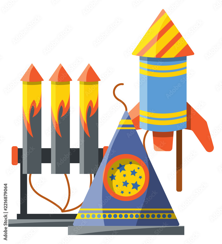 Fototapeta premium A blue and yellow firework rocket is on top of a blue and yellow firework