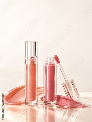 Coral and Pink Lip Gloss with Applicator and Reflective Swatches