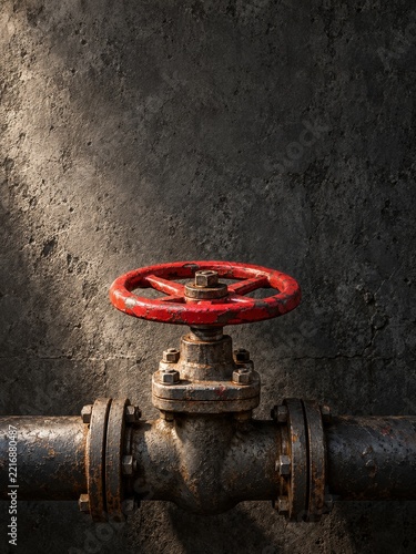 Weathered Industrial Valve with Red Handwheel Against Dark Concrete