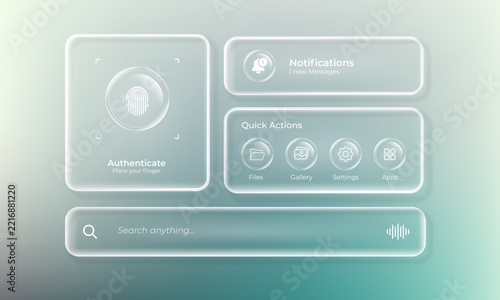 liquid Glass Glassmorphism Vector Security Authentication, Quick Actions, and Search Bar Dashboard Layout Set on Soft Gradient Background   