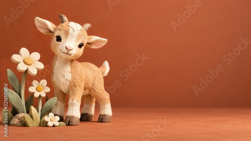 Carved Wooden Goat Kid with Meadow Daisies Against a Terracotta Backdrop
