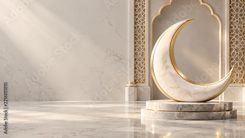 Ivory marble crescent with gold edges on a round stone pedestal