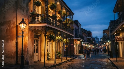 Cobblestone street glows under lantern light. Balconies cascade with hanging plants and wrought iron. Soft dusk paints the old buildings with warm amber hues. People stroll slowly