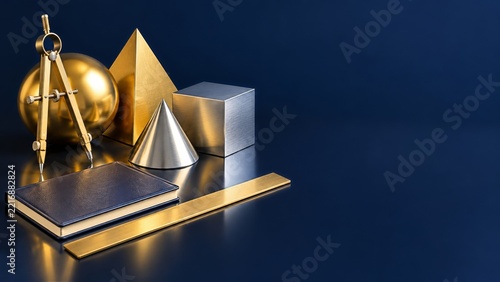 Metal Geometry Solids and Brass Drawing Tools against a Navy Backdrop