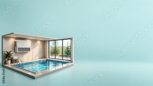 Miniature Indoor Pool Room with a Wall Dehumidifier and Glass Windows