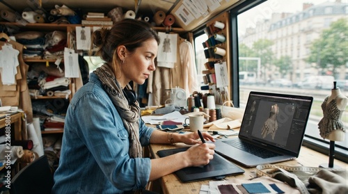 Creative designer works in cozy, cluttered studio. Focused eyes follow digital sketch on tablet screen. Natural light fills workspace through large window. Shelves hold fabric rolls and sewing tools