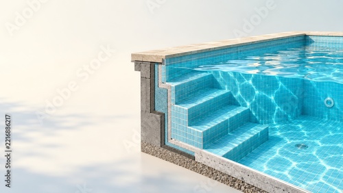 Cutaway Blue Tiled Swimming Pool with Submerged Steps and Left Copy Space