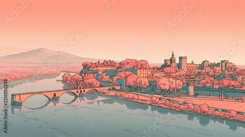 Illustration du pont d'Avignon et du palais des papes au coucher du soleil