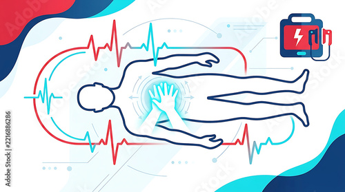 Illustration of human body with heartbeat lines and energy battery symbol