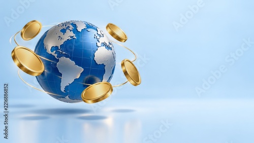 Floating Blue Globe with Orbiting Gold Coins Against an Open Blue Backdrop