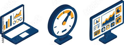 Isometric Data Analytics Vector Icons with Laptop Dashboard, Performance Speedometer Gauge, and Computer Screen