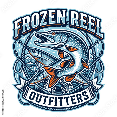 Frozen Reel Outfitters fishing logo features two detailed fish, fishing hooks, and rope elements within a circular emblem, highlighting an outdoor activity brand.