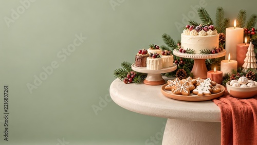 Clay Christmas Dessert Table with Cakes, Cookies and Candles Against Sage