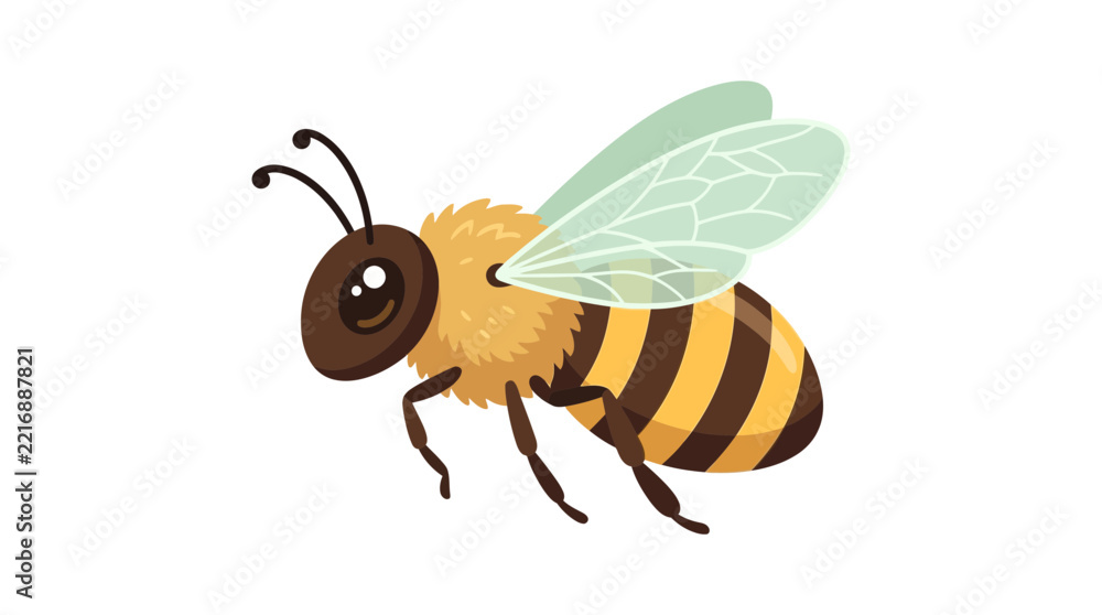Fototapeta premium Cute fuzzy yellow and brown honeybee flying in bright daylight with translucent wings and friendly eyes
