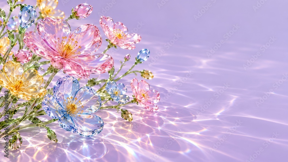 Fototapeta premium Pink blue and yellow glass cosmos on a lavender surface with copy space