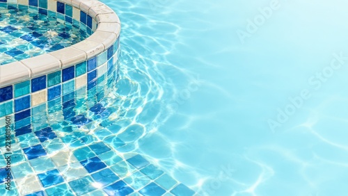 Glossy Mosaic Pool Edge and Water Ripples with Pale Aqua Right Copy Space