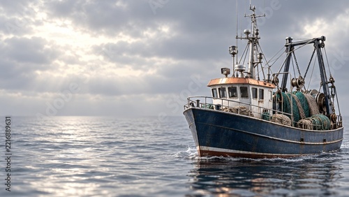 Weathered blue trawler with fishing gear beneath dramatic gray clouds