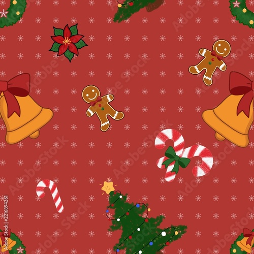 Vector seamless pattern on red background featuring gingerbread man, Christmas bells, poinsettia, and candy canes