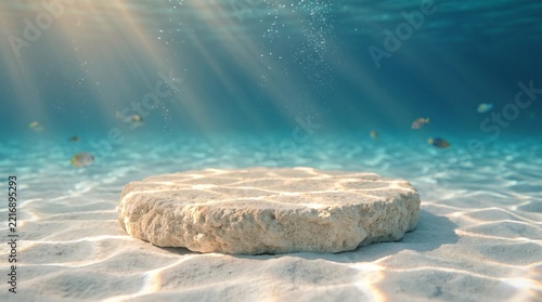 Underwater coral rock podium on white sandy seabed with sun rays, natural marine product display pedestal, aquatic ocean floor mockup stage