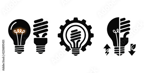 energy saving light bulb icons with gear and recycling symbol representing efficiency and sustainability