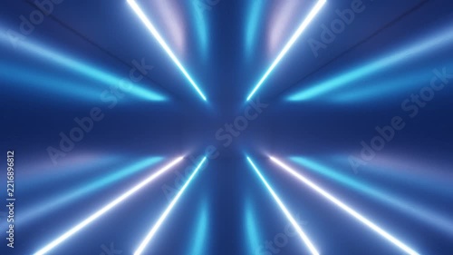 Endless corridor with neon lines tending up and moving forward a concrete corridor illuminated with blue neon lights. Futuristic abstract colorful background in bright neon blue colors. 3d animation