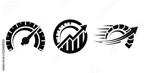 speed and performance icons featuring speedometer gauge chart and upward arrow graphics isolated on transparent background