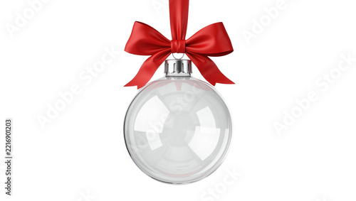 Obraz na plátně Clear glass Christmas ornament with red satin bow, isolated on transparent backg