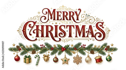 A beautifully detailed vintage christmas lettering design featuring festive ornaments and lush evergreen boughs illustration