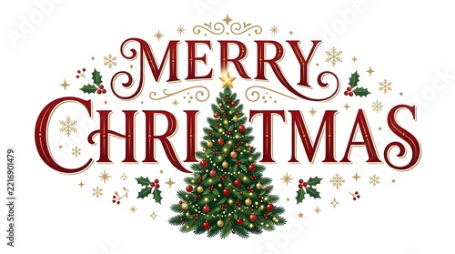 Festive merry christmas typography with a decorated evergreen tree and snowy background