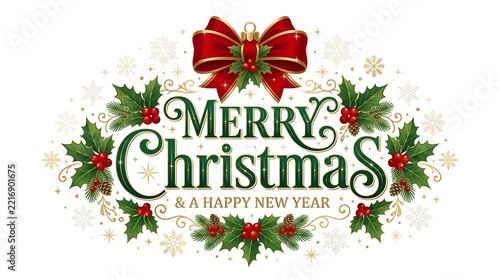 Watercolor merry christmas greeting with red bow and festive holly and pine decorations