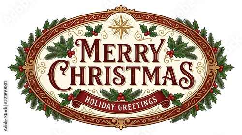 Vintage merry christmas oval frame with detailed foliage and festive holiday greetings