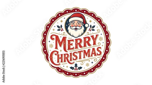 Vintage style merry christmas badge with santa claus face and ornate decorative border