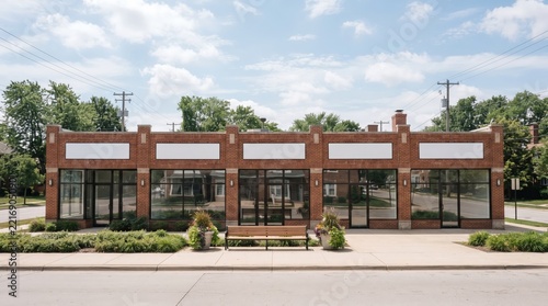 Brick retail strip with glass storefronts, blank signs and landscaped sidewalk