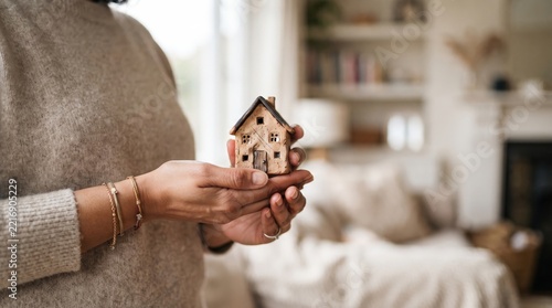 Hands holding a miniature clay house in a cozy home interior