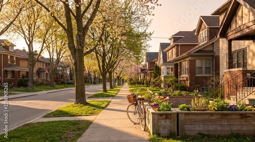Quiet suburban street with tree lined sidewalk, brick houses and bicycle