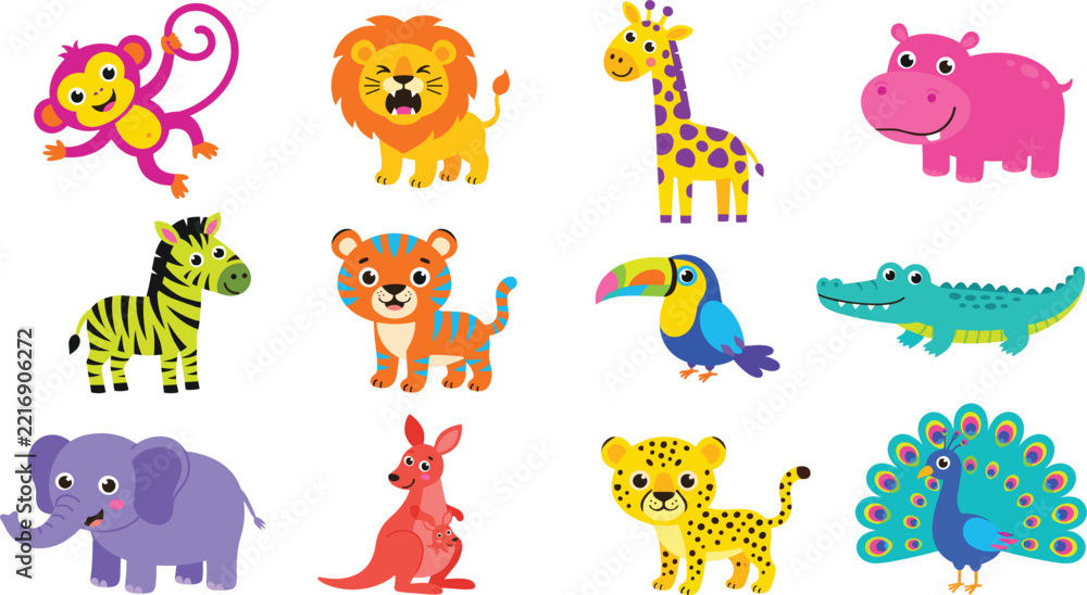 Fototapeta premium Cute Cartoon Safari and Jungle Animals Set Featuring Lion Tiger Giraffe Monkey Hippo Zebra Elephant Crocodile Peacock and Kangaroo Vector Bundle for Nursery Art