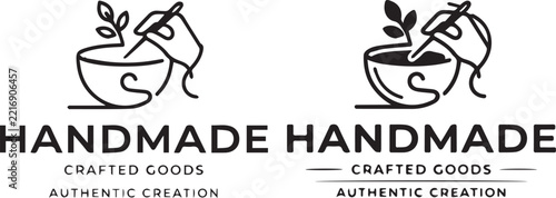 Handmade crafted goods logo with artisan pouring tea from plant into bowl