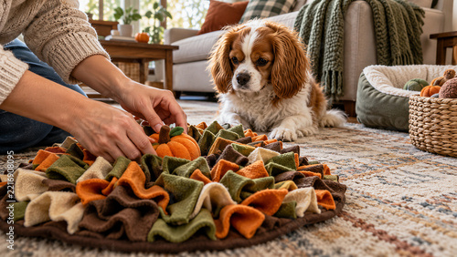 Person arranging a pumpkin-themed snuffle mat as a dog watches at home. Halloween preparations and enrichment play. Pet-friendly seasonal decor. Indoor dog activity and treat game.