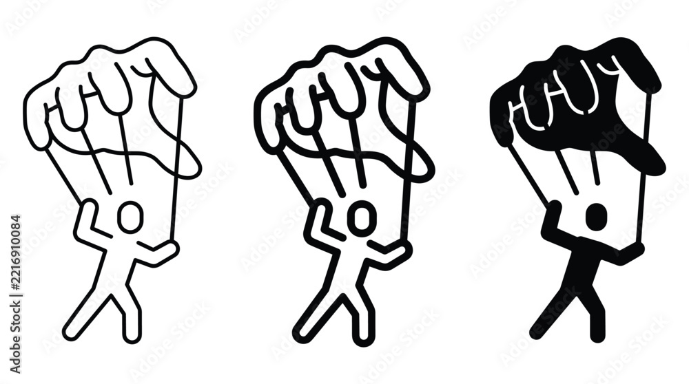 Fototapeta premium Puppet show icons featuring hand manipulating human figure with strings for business management or social control metaphor graphic design.